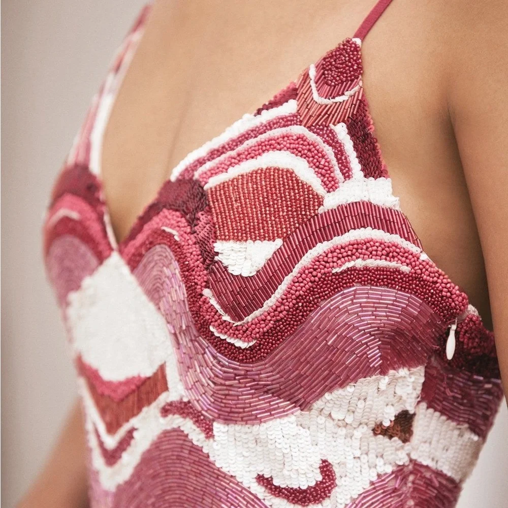 CULT GAIA Sasha Beaded Multi Wave Print Mini Dress Pink Red NWT Small - Picture 2 of 14